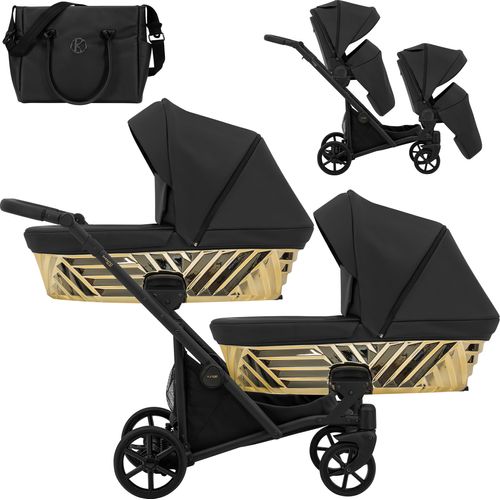 Kinderwagen IVENTO DUO GLAM 2 in 1 Zwillingskinderwagen Geschwisterwagen Zwillingsbuggy Doppelkinderwagen (Eco Black Pearl, Rahmen: schwarz)
