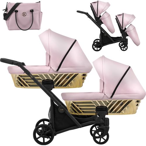 Kinderwagen IVENTO DUO GLAM 2 in 1 Zwillingskinderwagen Geschwisterwagen Zwillingsbuggy Doppelkinderwagen (Eco Pink Metalic, Rahmen: schwarz)