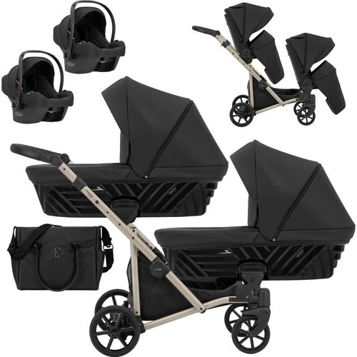 Kinderwagen IVENTO DUO 3 in 1 Komplettset Zwillingskinderwagen Geschwisterwagen Zwillingsbuggy Doppelkinderwagen (Black Pearl, Rahmenfarbe: champagne)