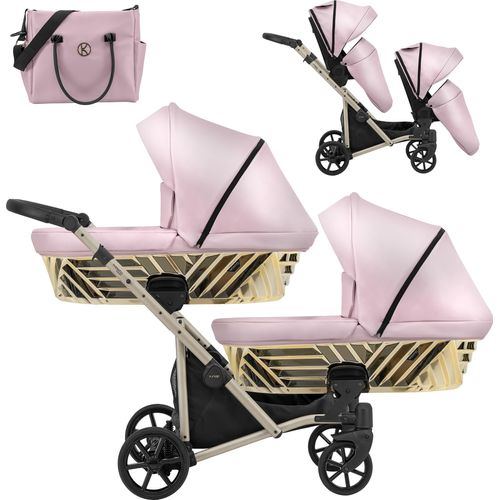 Kinderwagen IVENTO DUO GLAM 2 in 1 Zwillingskinderwagen Geschwisterwagen Zwillingsbuggy Doppelkinderwagen (Eco Pink Metalic, Rahmen: champagne)
