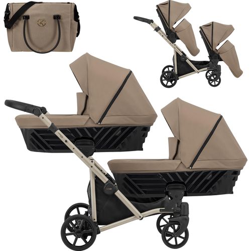 Kinderwagen IVENTO DUO 2 in 1 Komplettset Zwillingskinderwagen Geschwisterwagen Zwillingsbuggy Doppelkinderwagen (Caramel, Rahmenfarbe: champagne)