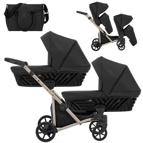 Kinderwagen IVENTO DUO 2 in 1 Komplettset Zwillingskinderwagen Geschwisterwagen Zwillingsbuggy Doppelkinderwagen (Black Pearl, Rahmenfarbe: champagne)