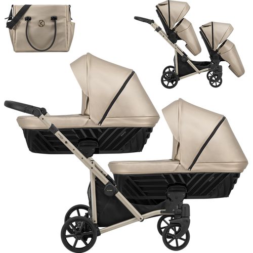 Kinderwagen IVENTO DUO 2 in 1 Komplettset Zwillingskinderwagen Geschwisterwagen Zwillingsbuggy Doppelkinderwagen (Cappuccino, Rahmenfarbe: champagne)