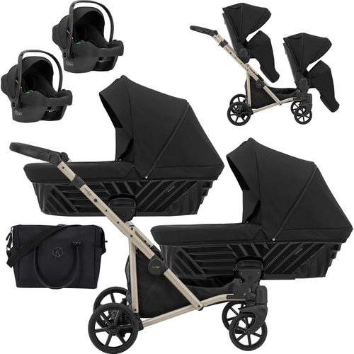 Kinderwagen IVENTO DUO 3 in 1 Komplettset Zwillingskinderwagen Geschwisterwagen Zwillingsbuggy Doppelkinderwagen (Deep Black, Rahmenfarbe: champagne)