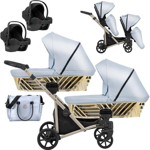 Kinderwagen IVENTO DUO GLAM 3 in 1 Zwillingskinderwagen Geschwisterwagen Zwillingsbuggy Doppelkinderwagen (Eco Baby Blue Metalic, Rahmen: champagne)