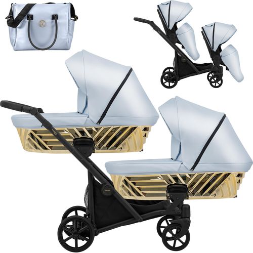 Kinderwagen IVENTO DUO GLAM 2 in 1 Zwillingskinderwagen Geschwisterwagen Zwillingsbuggy Doppelkinderwagen (Eco Baby Blue Metalic, Rahmen: schwarz)