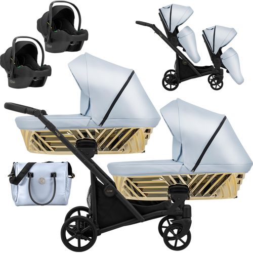 Kinderwagen IVENTO DUO GLAM 3 in 1 Zwillingskinderwagen Geschwisterwagen Zwillingsbuggy Doppelkinderwagen (Eco Baby Blue Metalic, Rahmen: schwarz)