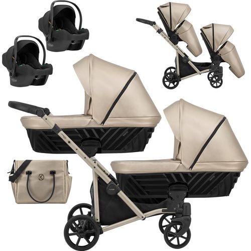 Kinderwagen IVENTO DUO 3 in 1 Komplettset Zwillingskinderwagen Geschwisterwagen Zwillingsbuggy Doppelkinderwagen (Cappuccino, Rahmenfarbe: champagne)