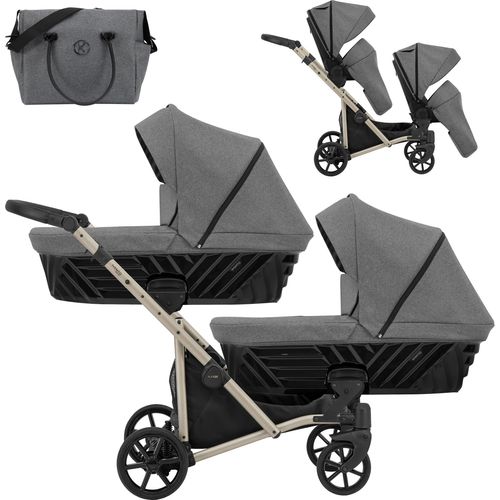 Kinderwagen IVENTO DUO 2 in 1 Komplettset Zwillingskinderwagen Geschwisterwagen Zwillingsbuggy Doppelkinderwagen (Graphite, Rahmenfarbe: champagne)
