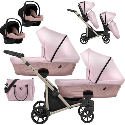 Kinderwagen IVENTO DUO 3 in 1 Komplettset Zwillingskinderwagen Geschwisterwagen Zwillingsbuggy Doppelkinderwagen (Pink, Rahmenfarbe: champagne)