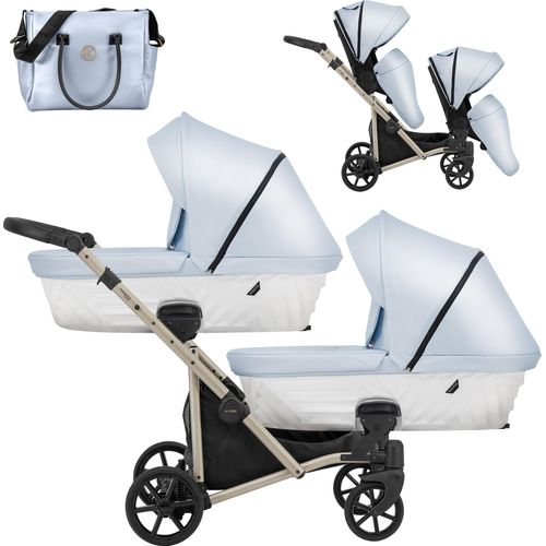 Kinderwagen IVENTO DUO 2 in 1 Komplettset Zwillingskinderwagen Geschwisterwagen Zwillingsbuggy Doppelkinderwagen (Baby Blue, Rahmenfarbe: champagne)