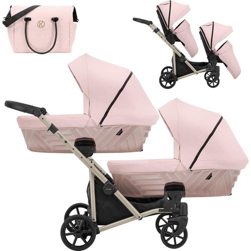Kinderwagen IVENTO DUO 2 in 1 Komplettset Zwillingskinderwagen Geschwisterwagen Zwillingsbuggy Doppelkinderwagen (Smoky Pink, Rahmenfarbe: champagne)