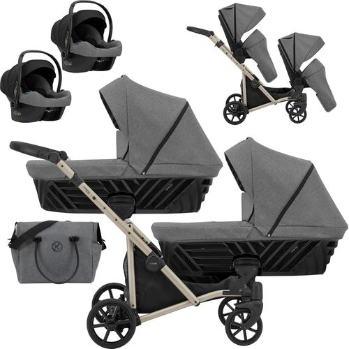 Kinderwagen IVENTO DUO 3 in 1 Komplettset Zwillingskinderwagen Geschwisterwagen Zwillingsbuggy Doppelkinderwagen (Deep Graph, Rahmenfarbe: champagne)