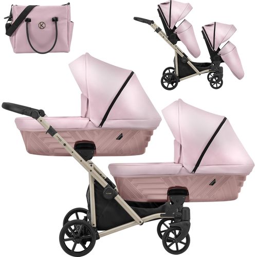 Kinderwagen IVENTO DUO 2 in 1 Komplettset Zwillingskinderwagen Geschwisterwagen Zwillingsbuggy Doppelkinderwagen (Pink Metalic Rahmenfarbe: champagne)