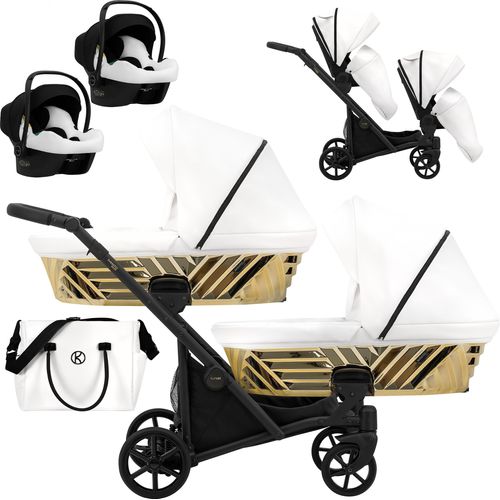 Kinderwagen IVENTO DUO GLAM 3 in 1 Zwillingskinderwagen Geschwisterwagen Zwillingsbuggy Doppelkinderwagen (Eco White Pearl, Rahmen: schwarz)