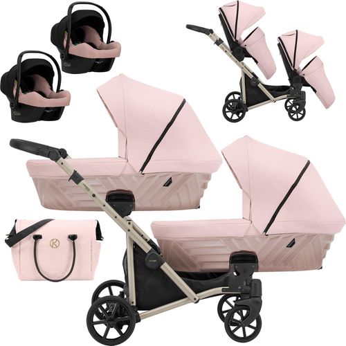 Kinderwagen IVENTO DUO 3 in 1 Komplettset Zwillingskinderwagen Geschwisterwagen Zwillingsbuggy Doppelkinderwagen (Smoky Pink, Rahmenfarbe: champagne)