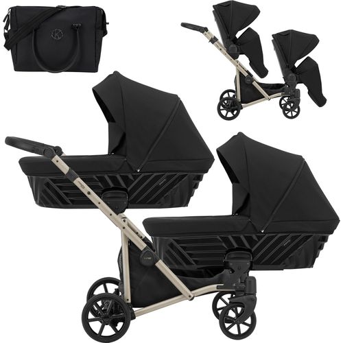 Kinderwagen IVENTO DUO 2 in 1 Komplettset Zwillingskinderwagen Geschwisterwagen Zwillingsbuggy Doppelkinderwagen (Deep Black, Rahmenfarbe: champagne)
