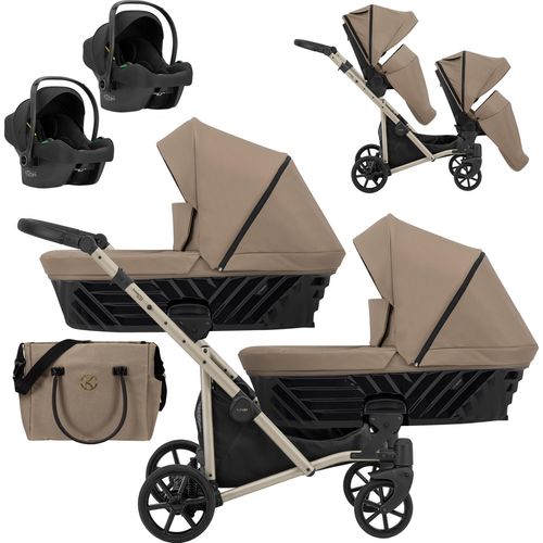 Kinderwagen IVENTO DUO 3 in 1 Komplettset Zwillingskinderwagen Geschwisterwagen Zwillingsbuggy Doppelkinderwagen (Caramel, Rahmenfarbe: champagne)