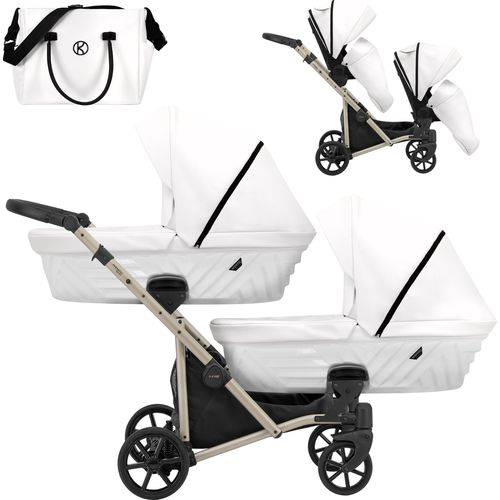 Kinderwagen IVENTO DUO 2 in 1 Komplettset Zwillingskinderwagen Geschwisterwagen Zwillingsbuggy Doppelkinderwagen (White Pearl, Rahmenfarbe: champagne)