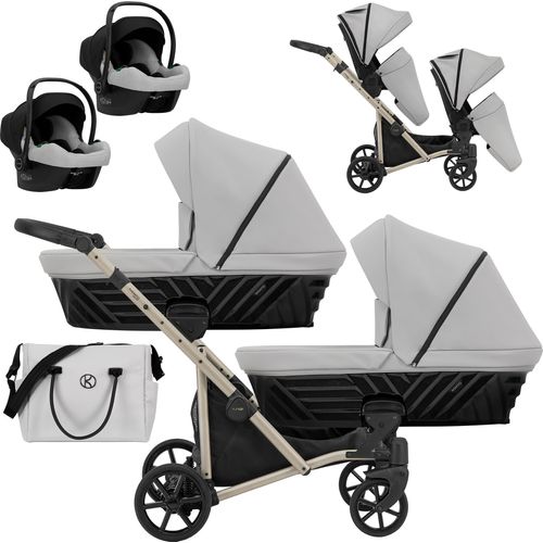 Kinderwagen IVENTO DUO 3 in 1 Komplettset Zwillingskinderwagen Geschwisterwagen Zwillingsbuggy Doppelkinderwagen (Dove Grey, Rahmenfarbe: champagne)