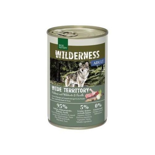 REAL NATURE WILDERNESS Nassfutter Hund, Adult, Wide Territory, Feldhase mit Wildente und Forelle 24x400 g