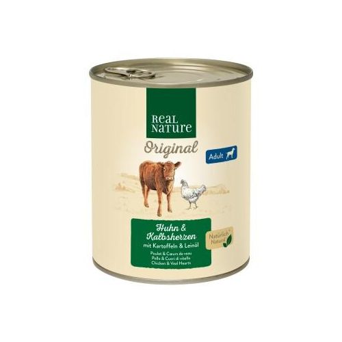 REAL NATURE Nassfutter Hund Adult Kalbsherzen und Huhn 6x800 g