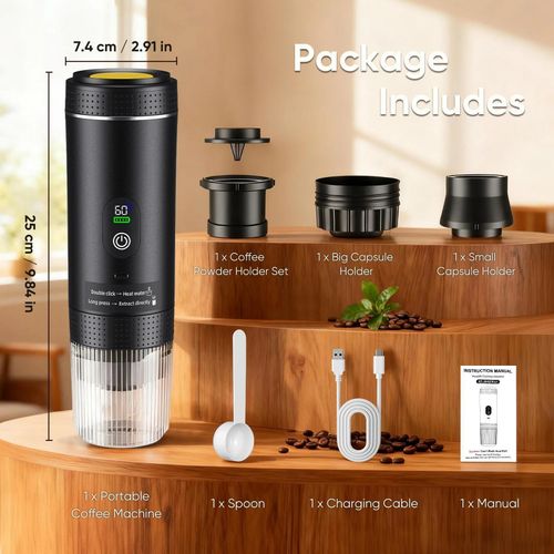 Espressomaschine - 3-in-1 Tragbare Kaffeemaschine - Kabellos - Elektrisch - Für Auto und Zuhause - Für Kapseln & Kaffeepulver - Reise/Camping - Weiß