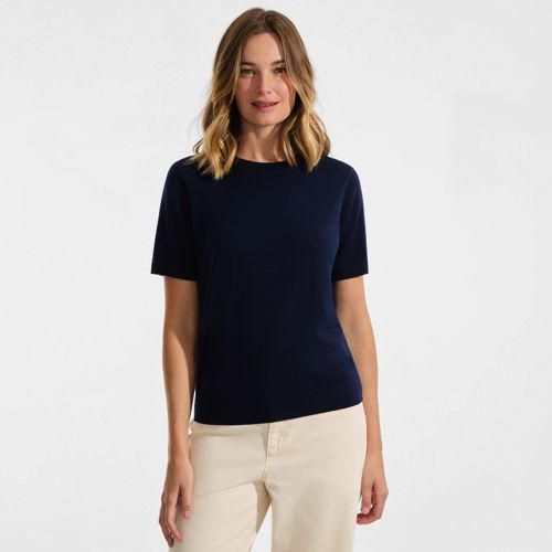 Merinopullover mit kurzen Ärmeln, Damen,  Blau, Wolle, by Lands' End