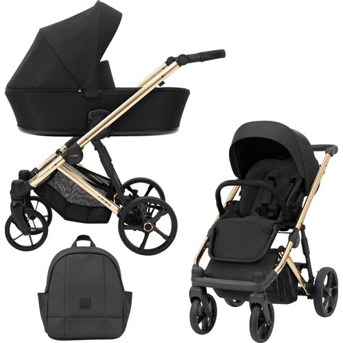 Kinderwagen ARIZO Sportwagen Babywagen Babyschale Komplettset Kinder Wagen Set 2 in 1 (Black, Rahmenfarbe: Gold)