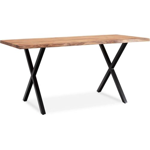 Esszimmertisch 180x90x76 cm Akazie Massivholz / Metall Esstisch Baumkante, Küchentisch Massiv mit X-Beinen in Schwarz, Holztisch Speisetisch Esszimmer Rechteckig