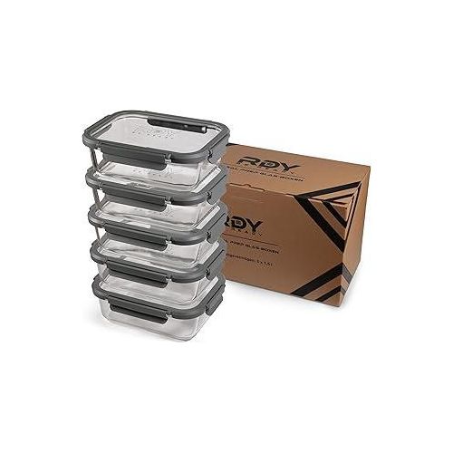 RDYMeal Prep Glas-Boxen Set 5x 1500ml - luftdichte Glasbehälter Mikrowelle, Backofen, Gefrierfach - Frischhaltedosen mit Deckel - BPA-frei, spülmaschinenfest - Glasdosen Essensbox Gefrierbehälter