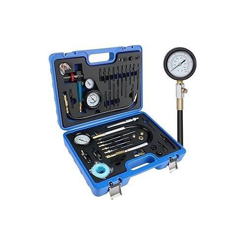 46tlg Kompressionstester - Benzin & Diesel Motor Kompressionsprüfer 0-50 Bar | 0-725 Psi, für HDI,TDCi, Pumpe Duse Motor, Druckverlusttester kompatibel mit Kfz PKW LKW M24, M22, M20, M14, M12, M10, M8