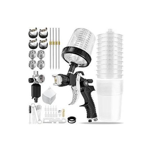 HVLP Lackierpistole Spritzpistole Kit mit 1,4/1,7/2,0/2,5mm Düsen & Luftdruckregler für Lackierpistole, Druckluft Schwerkraft Sprühgeräte mit 600ML Sprühpistolenbecher und Farbspritzpistole Zubehör
