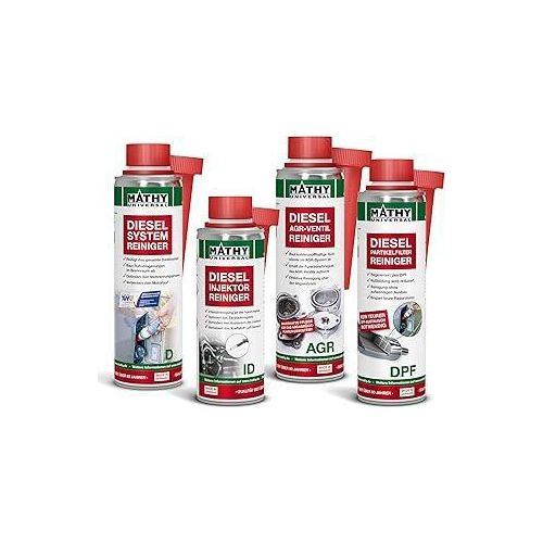 MATHY Diesel-Komplett-Kur - Diesel Additiv Reinigungsset - DPF Reiniger + Diesel Systemreiniger + Injektoren Reiniger + AGR Reiniger, 4 Dosen