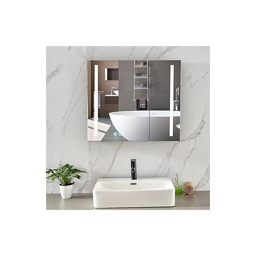 Plumbsys LED Schwarzer Badspiegelschrank Badezimmer Spiegelschrank Aluminium mit Beleuchtung Lichtspiegelschrank Antibeschlag 75x65 cm