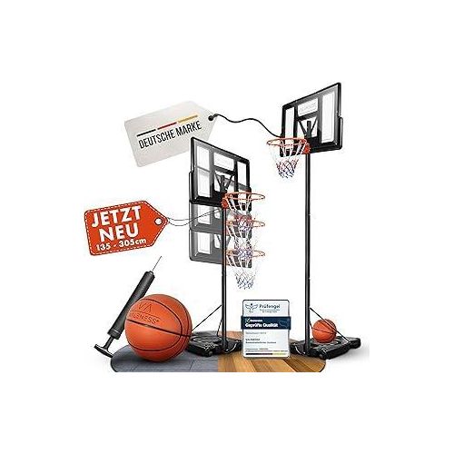Basketballkorb Outdoor - [135 bis 305 cm] Höhenverstellbarer und Wetterfester Ständer - Profi Korb Mit Basketball und Pumpe für Kinder und Erwachsene