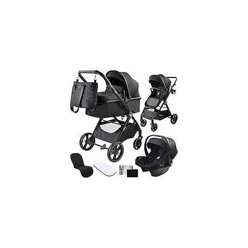 Kinderwagen 3 in 1 Komplettset – Leichter Kombikinderwagen ab Geburt – inkl. Babyschale, Wanne & Buggy – Mit Regenschutz, Moskitonetz & Getränkehalter- FABULY – Faltbar & Kompakt – [schwarz]