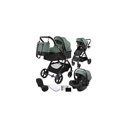 Kinderwagen 3 in 1 Komplettset – Leichter Kombikinderwagen ab Geburt – inkl. Babyschale, Wanne & Buggy – Mit Regenschutz, Moskitonetz & Getränkehalter- FABULY – Faltbar & Kompakt – [grün]