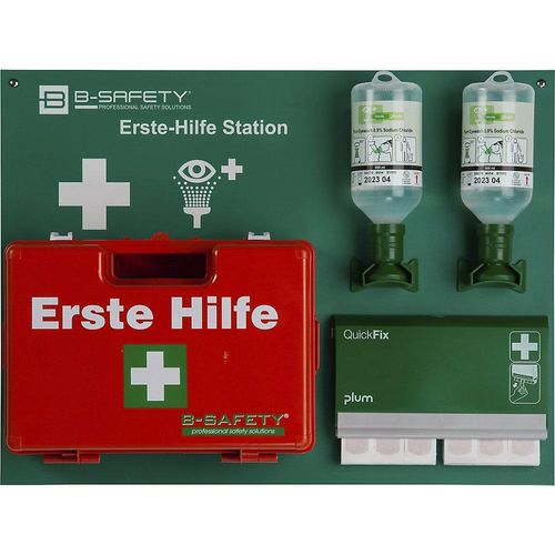 B-SAFETY Erste-Hilfe-Station, STANDARD No. 1, inkl. Augenspülflaschen-Wandbox, Pflaster, Erste-Hilfe-Koffer