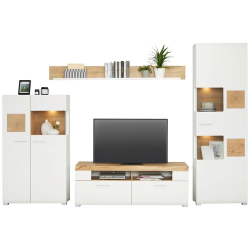 Wohnwand Fun Plus Weiß/Eiche inkl. Beleuchtung