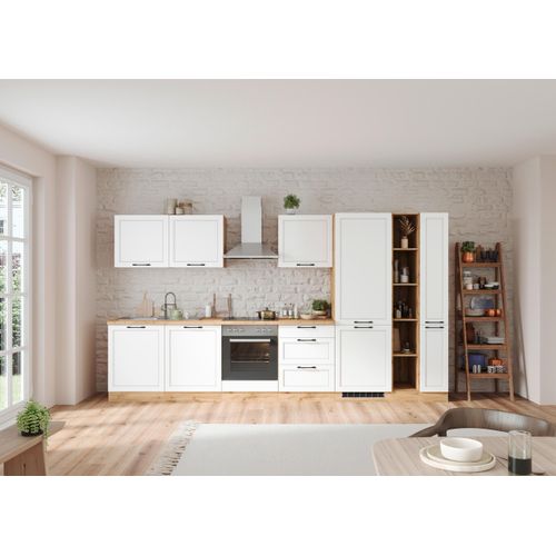 Küchenzeile Meran mit Geräten ca. 360cm Weiß/Eiche