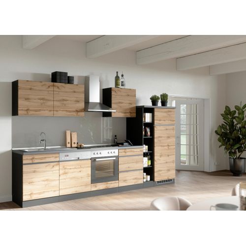 Küchenzeile Turin mit Geräten ca. 330 cm Graphit/Eiche