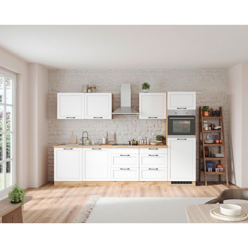 Küchenzeile Meran mit Geräten ca. 300 cm Weiß/Eiche