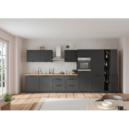 Küchenzeile Meran ohne Geräte ca. 420 cm Grau/Eiche Dekor