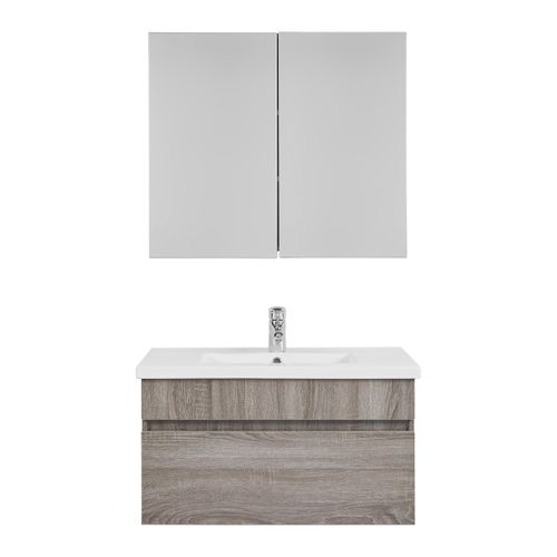 Badezimmer Isla Grau mit Waschbecken und Spiegelschrank