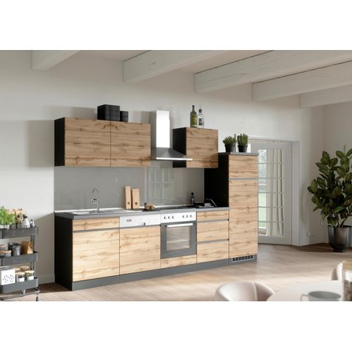 Küchenzeile Turin mit Geräte ca. 300 cm Graphitfarben/Eiche