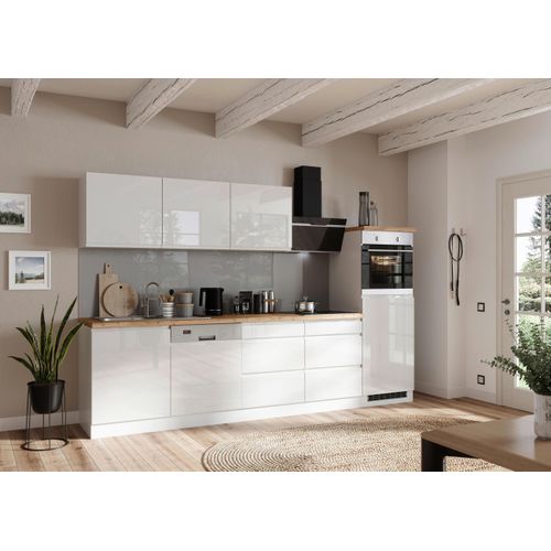 Küchenzeile Monza mit Geräten ca. 300 cm Weiß/Eiche