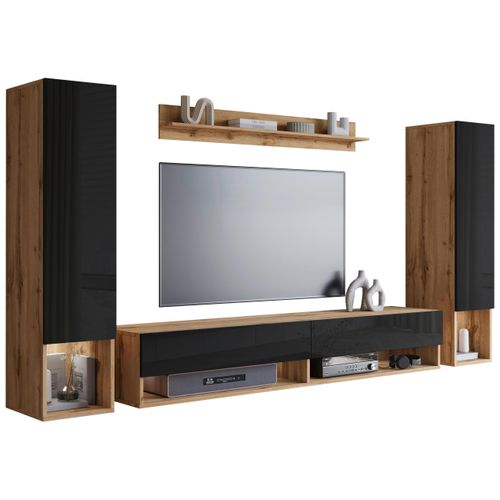 Wohnwand Amadeo Eiche Wotan/Schwarz Hochglanz