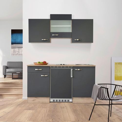 Miniküche Shadow mit Geräten ca. 150x209x60 cm Grau/Eiche