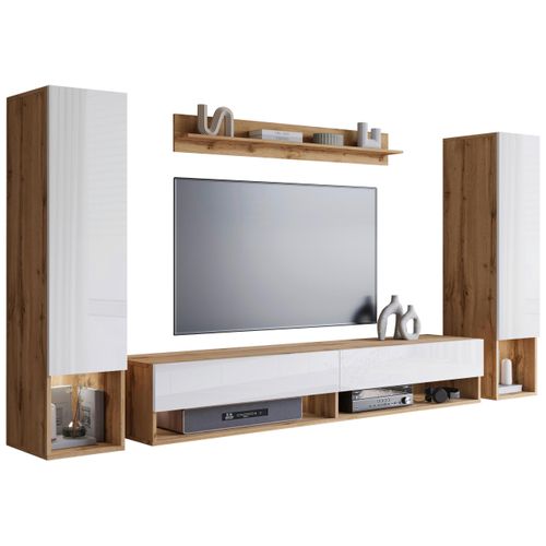 Wohnwand Amadeo Eiche Wotan/Weiß Hochglanz